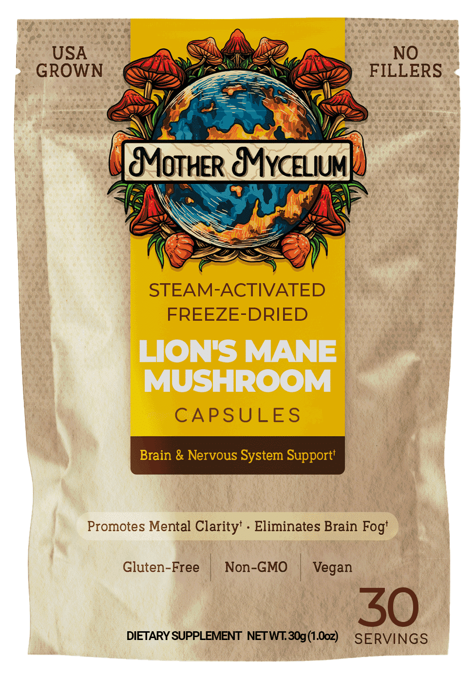 Bag of lions mane extract capsules