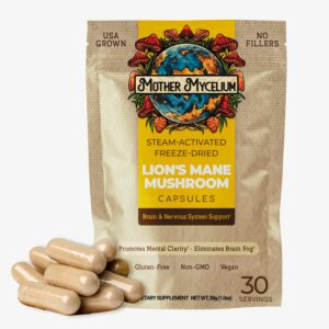 Lion’s Mane Extract Capsules with capsules in front of the bag