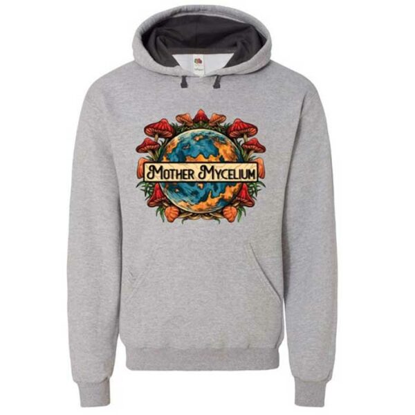 Gray sweatshirt with mother mycelium company logo