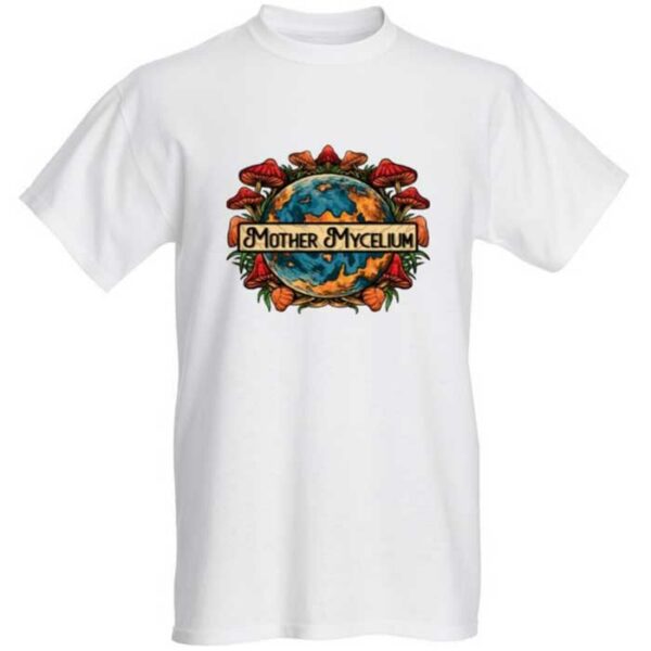White-colored t-shirt with mother mycelium company logo