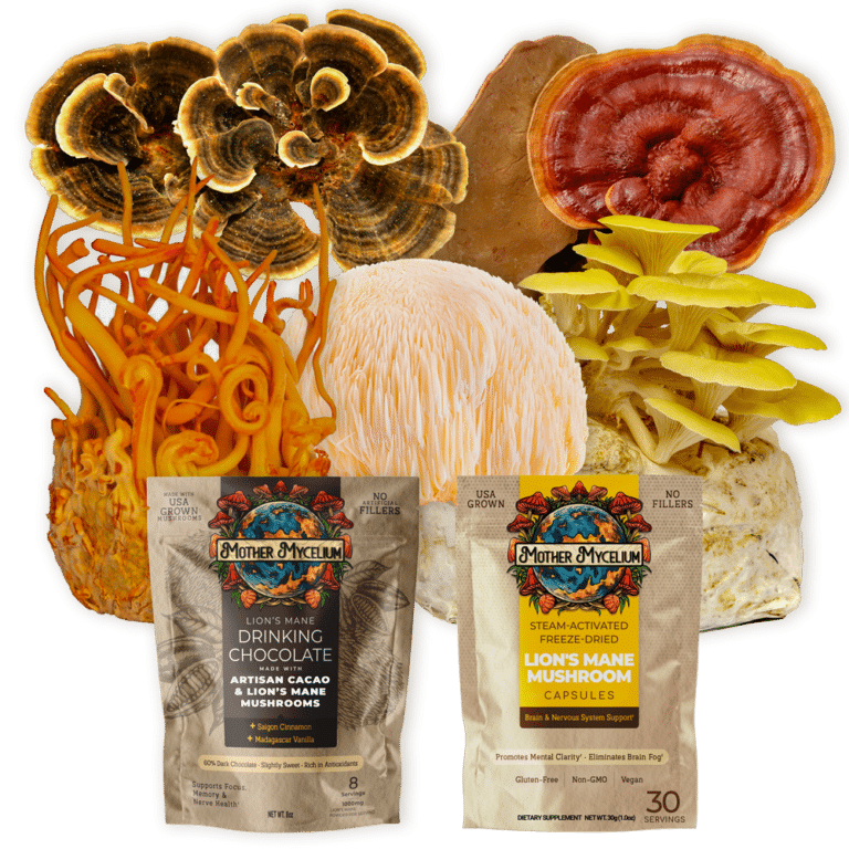 Lions mane mushroom bags in front of a variety of colorful mushrooms